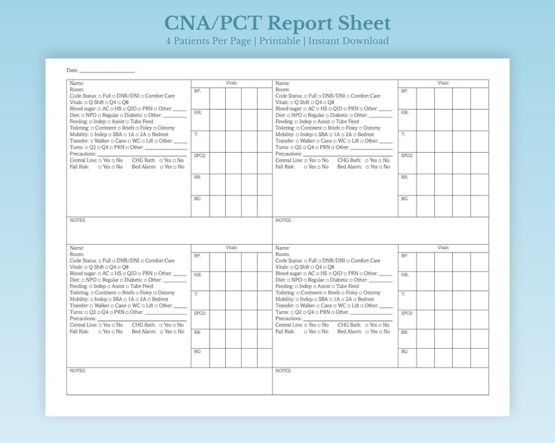 CNA PCT Report Sheet Bundle: Patient Care Checklist (printable PDF) - Etsy