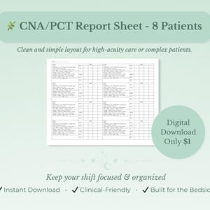 CNA PCT Report Sheet | 8 Patients per Page | Printable Shift Organizer | Instant Download | Nurse Assistant Report Template