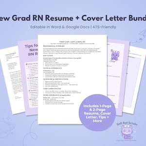 May include: A bundle of resume and cover letter templates for new graduate registered nurses. The documents are in shades of purple and white, with the text "New Grad RN Resume + Cover Letter Bundle" at the top. The bundle includes a resume, cover letter, and tips.