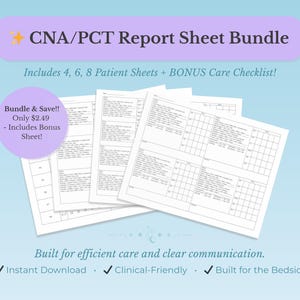 Könnte beinhalten: Ein Bündel von CNA/PCT-Berichtsbögen auf hellblauem Hintergrund. Das Bündel enthält 4, 6 und 8 Patientenbögen sowie eine Bonus-Pflege-Checkliste. Der Text auf dem Bild lautet: "Entwickelt für effiziente Pflege und klare Kommunikation."