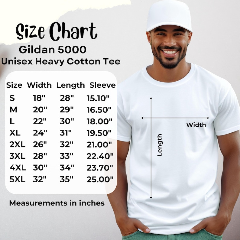 K&ouml;nnte beinhalten: Ein wei&szlig;es Gildan 5000 Unisex Heavy Cotton T-Shirt wird gezeigt. Eine Gr&ouml;&szlig;entabelle zeigt Ma&szlig;e in Zentimetern: Breite von 45,7 cm bis 81,3 cm, L&auml;nge von 71,1 cm bis 88,9 cm und &Auml;rmel von 38,4 cm bis 63,5 cm. Gr&ouml;&szlig;en von S bis 5XL.
