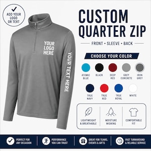 May include: A grey quarter-zip pullover featuring a mock neck and long sleeves. The garment displays the text 'YOUR LOGO HERE' on the chest and 'YOUR TEXT HERE' on the sleeve. The image includes a color chart with options like atomic blue, black, deep red, grey concrete, iron grey, true navy, true red, true royal, and white.