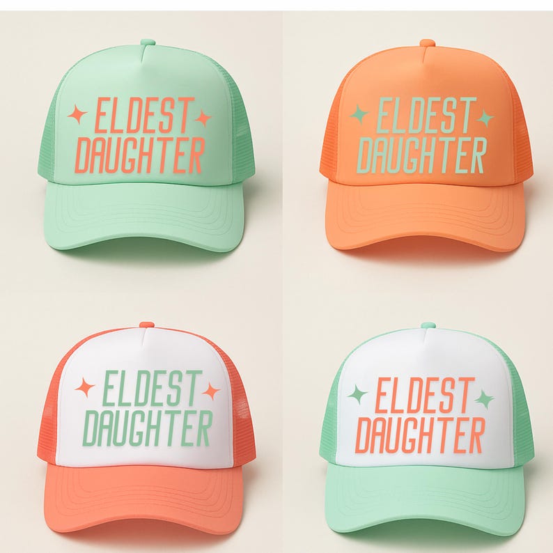 Printed eldest daughter trucker hat with mesh back, designed as a casual keepsake gift for daughters, perfect for birthdays or family matching outfits.