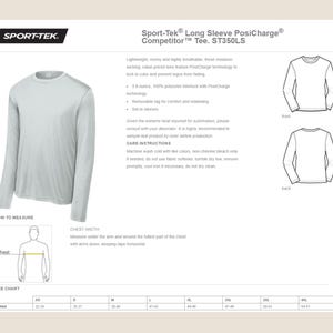 Pode incluir: Uma camisa de manga comprida Sport-Tek cinza claro, modelo ST350LS, com o logotipo Sport-Tek. A camisa &eacute; exibida em um fundo branco com informa&ccedil;&otilde;es do produto, incluindo instru&ccedil;&otilde;es de cuidados e uma tabela de tamanhos.