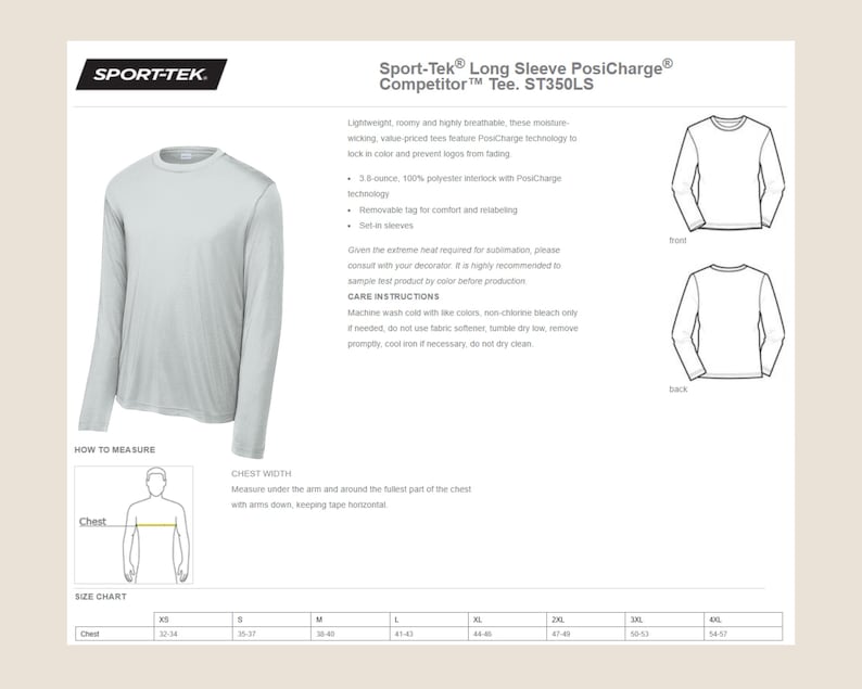 Pode incluir: Uma camisa de manga comprida Sport-Tek cinza claro, modelo ST350LS, com o logotipo Sport-Tek. A camisa &eacute; exibida em um fundo branco com informa&ccedil;&otilde;es do produto, incluindo instru&ccedil;&otilde;es de cuidados e uma tabela de tamanhos.