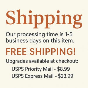 Pode incluir: Texto em fundo creme: "Shipping" em fonte grande, cor ferrugem. Abaixo, texto menor: tempo de processamento de 1-5 dias &uacute;teis. "FREE SHIPPING!" em negrito, cor ferrugem.