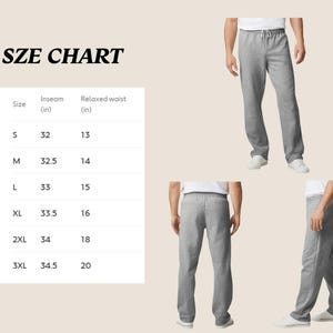 May include: Gray sweatpants with a drawstring waist are shown from multiple angles. A size chart is included, with measurements in inches for inseam and relaxed waist, ranging from size S to 3XL.