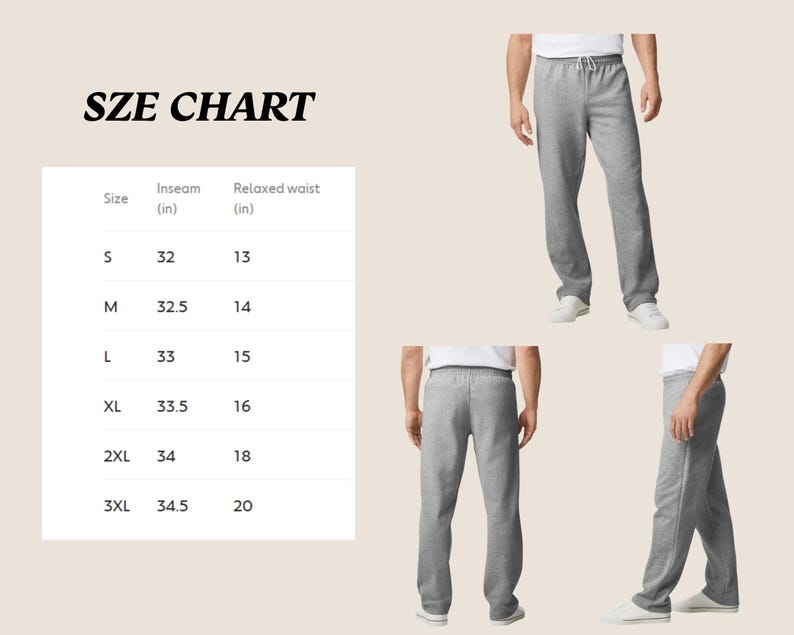 May include: Gray sweatpants with a drawstring waist are shown from multiple angles. A size chart is included, with measurements in inches for inseam and relaxed waist, ranging from size S to 3XL.