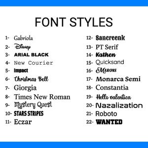 Pode incluir: Um gr&aacute;fico branco sobre um fundo azul lista 22 estilos de fonte, incluindo "Arial Black", "Disney" e "Wanted". Cada fonte &eacute; numerada e exibida em seu estilo, mostrando uma variedade de fontes para design e projetos criativos.