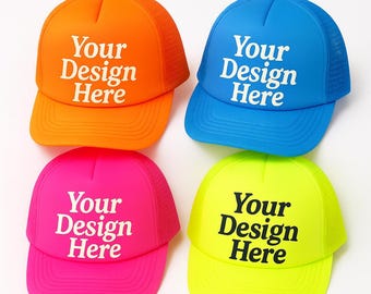 Custom neon trucker hats, personalized party caps for birthdays, bachelorette trips, pool parties, beach vacations, and events