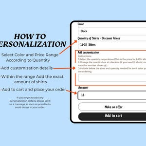 Pode incluir: Tela digital em um fundo azul claro, mostrando instru&ccedil;&otilde;es para personalizar um pedido. A tela exibe op&ccedil;&otilde;es de cor, quantidade e detalhes de personaliza&ccedil;&atilde;o, com um bot&atilde;o 'Adicionar ao carrinho'.