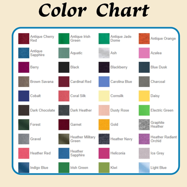 K&ouml;nnte beinhalten: Eine Farbkarte mit t&uuml;rkisfarbenem Rand zeigt eine Vielzahl von Stofffarben. Die Karte enth&auml;lt Namen wie "Antique Cherry Red", "Black" und "Daisy". Der Titel "Color Chart" steht oben in dekorativer Schrift.