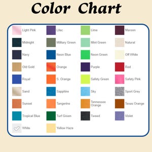 K&ouml;nnte beinhalten: Eine Farbkarte mit einer Vielzahl von Farbfeldern, darunter Hellrosa, Marineblau, Orange und Lila. Die Karte enth&auml;lt auch den Text "Color Chart" in einer stilisierten Schriftart.