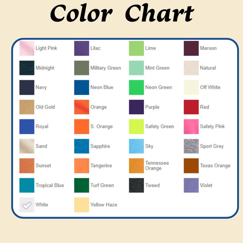 K&ouml;nnte beinhalten: Eine Farbkarte mit einer Vielzahl von Farbfeldern, darunter Hellrosa, Marineblau, Orange und Lila. Die Karte enth&auml;lt auch den Text "Color Chart" in einer stilisierten Schriftart.