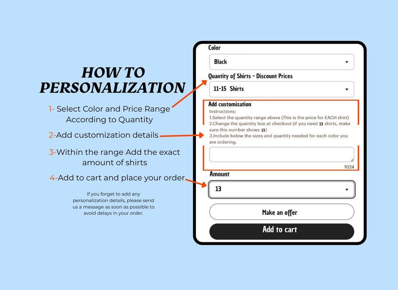 K&ouml;nnte beinhalten: Ein digitales Display auf hellblauem Hintergrund zeigt Anweisungen zur Personalisierung einer Bestellung. Die Schritte umfassen die Auswahl von Farbe und Menge, das Hinzuf&uuml;gen von Anpassungsdetails, die Angabe der Menge und das Hinzuf&uuml;gen zum Warenkorb. Das Display zeigt auch eine schwarze Farbauswahl und eine Menge von 13 Hemden.