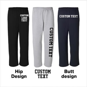 May include: Three pairs of sweatpants in black, gray, and navy blue. Each pair has a different text design: "CUSTOM LUGO TEXT" on the hip, "CUSTOM TEXT" vertically down the leg, and "CUSTOM TEXT" across the butt. The text is in white.