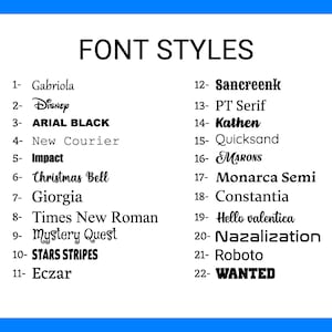 May include: A white graphic on a blue background lists 22 font styles, including Gabriola, Disney, Arial Black, and Wanted. Each font is numbered and displayed in its respective style, showcasing a variety of typefaces for design purposes.