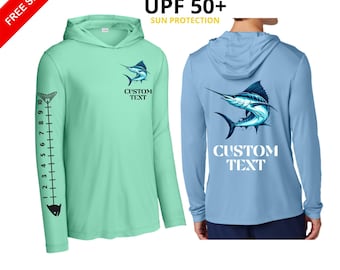 Custom UPF 50+ Marlin Fishing Shirt, Moisture Wicking Sun Hoodie, Personalized Boat Crew Shirt, Bachelor Party Fishing Gift