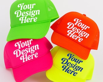 Custom Neon Party Hat – Personalized Trucker Cap for Birthday, Bachelorette, Pool Party, Vacation – Send Your Logo or Text