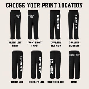 May include: Black sweatpants with options for custom text placement. The image shows eight different placement options: front left, front right, quarter side high, quarter side low, front leg, side left leg, side right leg, and back.