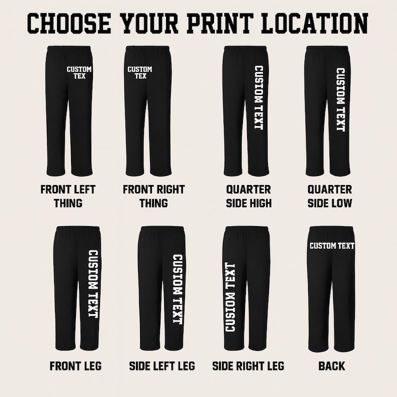 May include: Black sweatpants with options for custom text placement. The image shows eight different placement options: front left, front right, quarter side high, quarter side low, front leg, side left leg, side right leg, and back.