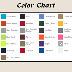 Pode incluir: Um gr&aacute;fico de cores em um fundo creme com uma borda preta. O gr&aacute;fico exibe uma variedade de amostras de cores com seus nomes, incluindo Atomic Blue, Black, Deep Orange e Neon Pink. O t&iacute;tulo "Color Chart" est&aacute; no topo.