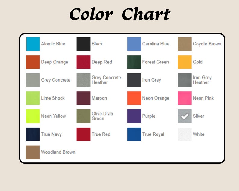 Pode incluir: Um gr&aacute;fico de cores em um fundo creme com uma borda preta. O gr&aacute;fico exibe uma variedade de amostras de cores com seus nomes, incluindo Atomic Blue, Black, Deep Orange e Neon Pink. O t&iacute;tulo "Color Chart" est&aacute; no topo.