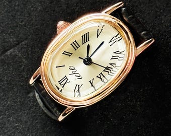 Vintage Rose Gold Roman Numeral Watch: Black Leather Strap Elegant Wristwatch