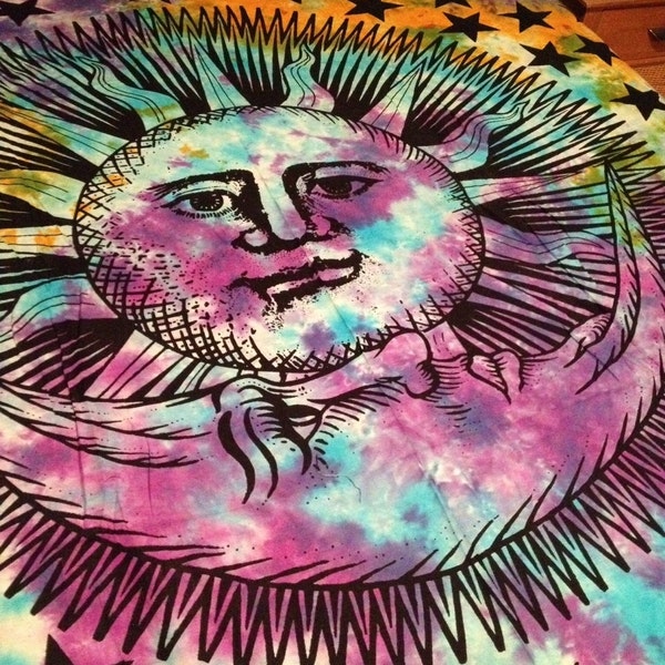 Boho Hippie Tapestry Fabric - Sun and Moon Tie Dye