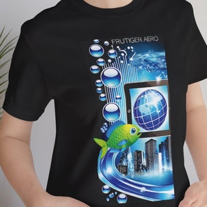 May include: Black t-shirt featuring a vibrant graphic design. The design includes the text "FRUTIGER AERO", a tablet displaying a globe, a cartoon fish, and blue bubbles. The shirt also has a "Best Service" logo.