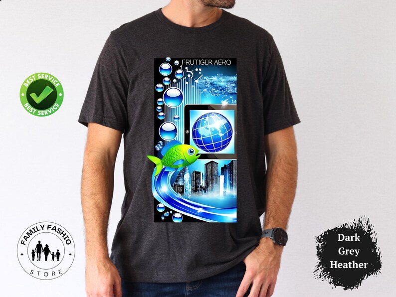 May include: Dark grey heather t-shirt featuring a vibrant graphic. The design includes a digital illustration with a globe, city skyline, and a green and yellow fish. The text "FRUTIGER AERO" is at the top.