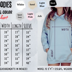 May include: Light blue hoodie with a front pocket and a drawstring hood. The image includes a size and color chart for hoodies, with measurements in inches. The model is 5'4" and 125lbs, wearing size XL.