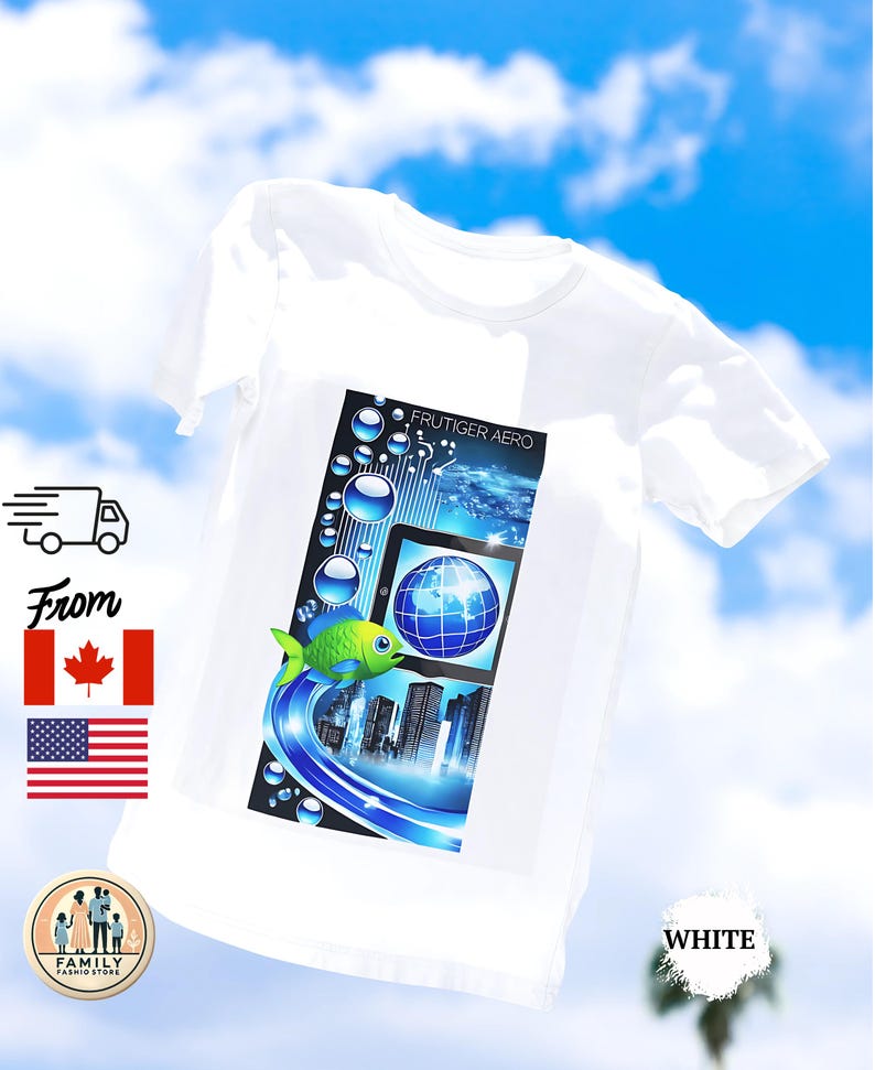 May include: White t-shirt featuring a colorful graphic with the text "FRUTIGER AERO". The design includes a green fish, a tablet displaying a globe, and a cityscape, all set against a blue and white background. The shirt is made of a soft material.
