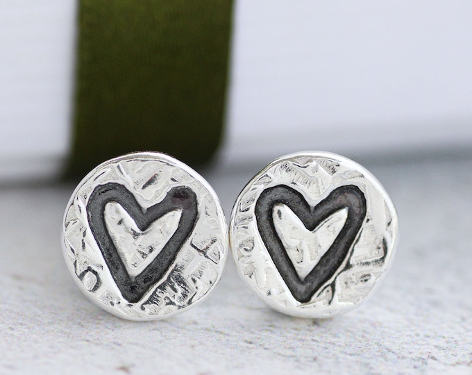 Round Silver Heart Earrings, Handcrafted Solid Silver