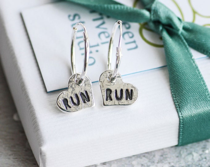 Run Silver Heart Hoop Earrings, Handcrafted gift for Runner, Running Jewellery