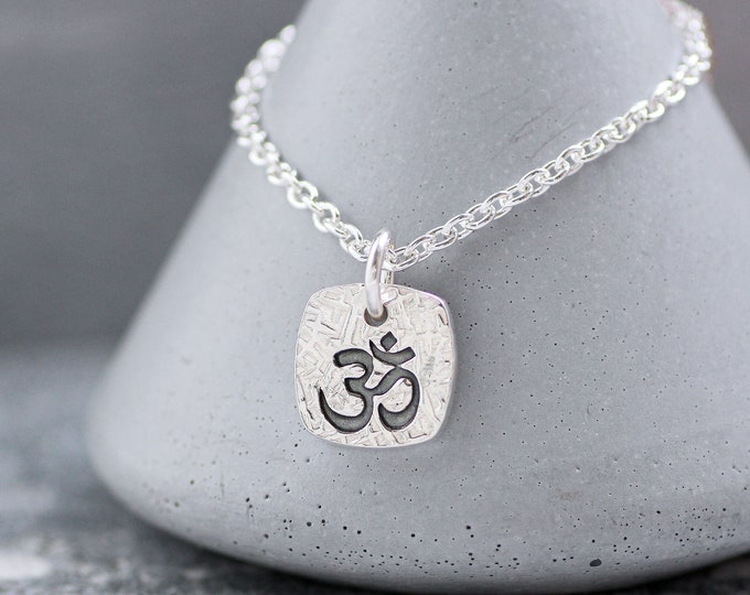 Square Silver Om (Ohm, Aum) Necklace, Gift for Yoga Lover