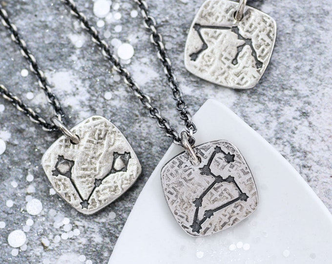 Men's Silver Zodiac Constellation Necklace, Oxidised Celestial Pendant, Zodiac Gift for Him