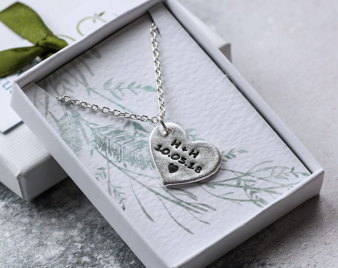 Personalised Silver Heart Necklace, Anniversary Necklace, Special Date keepsake, Personalised Engagement Gift, Wedding Day Gift