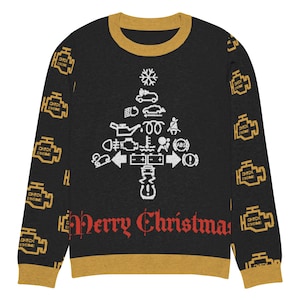 May include: Black Christmas jumper with a gold collar and cuffs. The design features a white Christmas tree made of car dashboard warning lights. The sleeves have "Check Engine" icons. The phrase "Merry Christmas" is written in red.