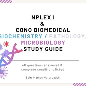 Puede incluir: Una guía de estudio para el examen NPLEX I, que abarca bioquímica, patología y microbiología. La guía presenta una ilustración colorida de una cadena de ADN y virus.