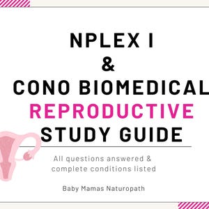 Puede incluir: Un gráfico rosa y blanco con el texto "NPLEX I & CONO BIOMEDICAL REPRODUCTIVE STUDY GUIDE". El texto está en negro y el fondo es blanco. Hay un contorno rosa de un útero en la esquina inferior izquierda del gráfico.