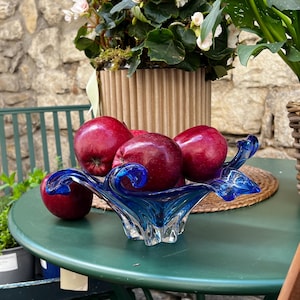 Murano Glass Bowl, Mid Century Blue Sommerso Centerpiece, Italian Art Glass 1950s, Vintage Hand Blown Decorative Bowl
