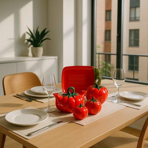 Hand-Painted Italian Tomato Ceramic Kitchen Set - Oil and Vinegar Cruet, Sugar Bowl, Shakers Serving Plate | Majolica Style Pottery