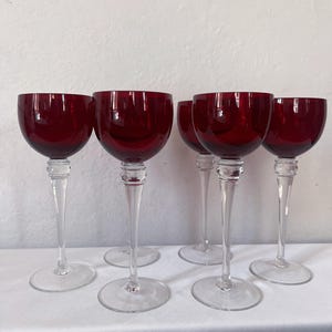 Murano Attributed Ruby Red Wine Glasses – Set of 6 – Vintage Hand Blown Crystal, Singing Glass, Mid Century Italian Design