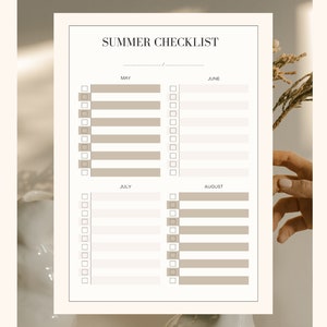May include: A printable summer checklist with sections for May, June, July, and August. Each month has a list of blank boxes to check off.