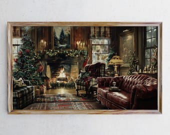 May include: A cozy living room scene with a Christmas tree, fireplace, and leather sofa. The room is decorated with festive garlands and stockings, creating a warm and inviting atmosphere. The artwork is framed in a wooden frame.
