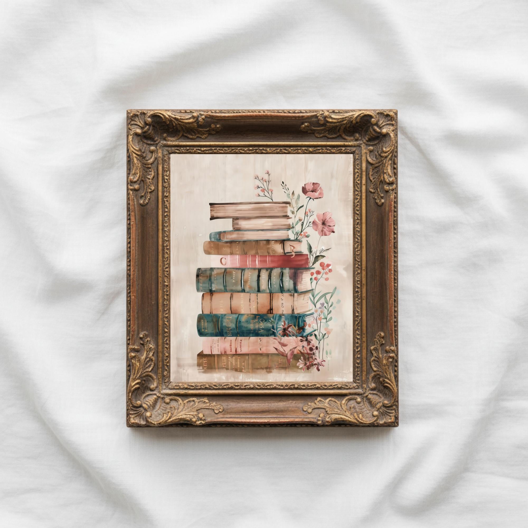 Book Stack Print Bookish Wall Art | Vintage Book Stack Print | Floral Reading Room Decor ...