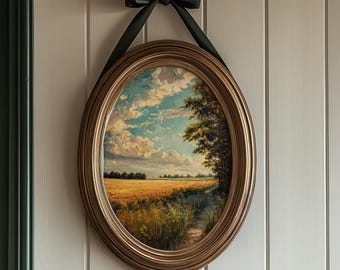 Vintage Wall Art Blue Sky Golden Field Landscape, Rustic Countryside Painting Printable, Farmhouse Nature Decor Grandmillennial Download