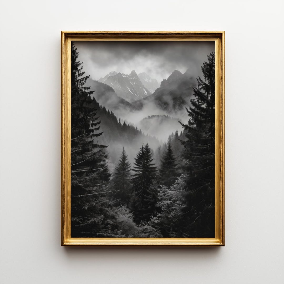 Forest Wall Art, Black and White Mountain Print, Misty Pine Landscape ...