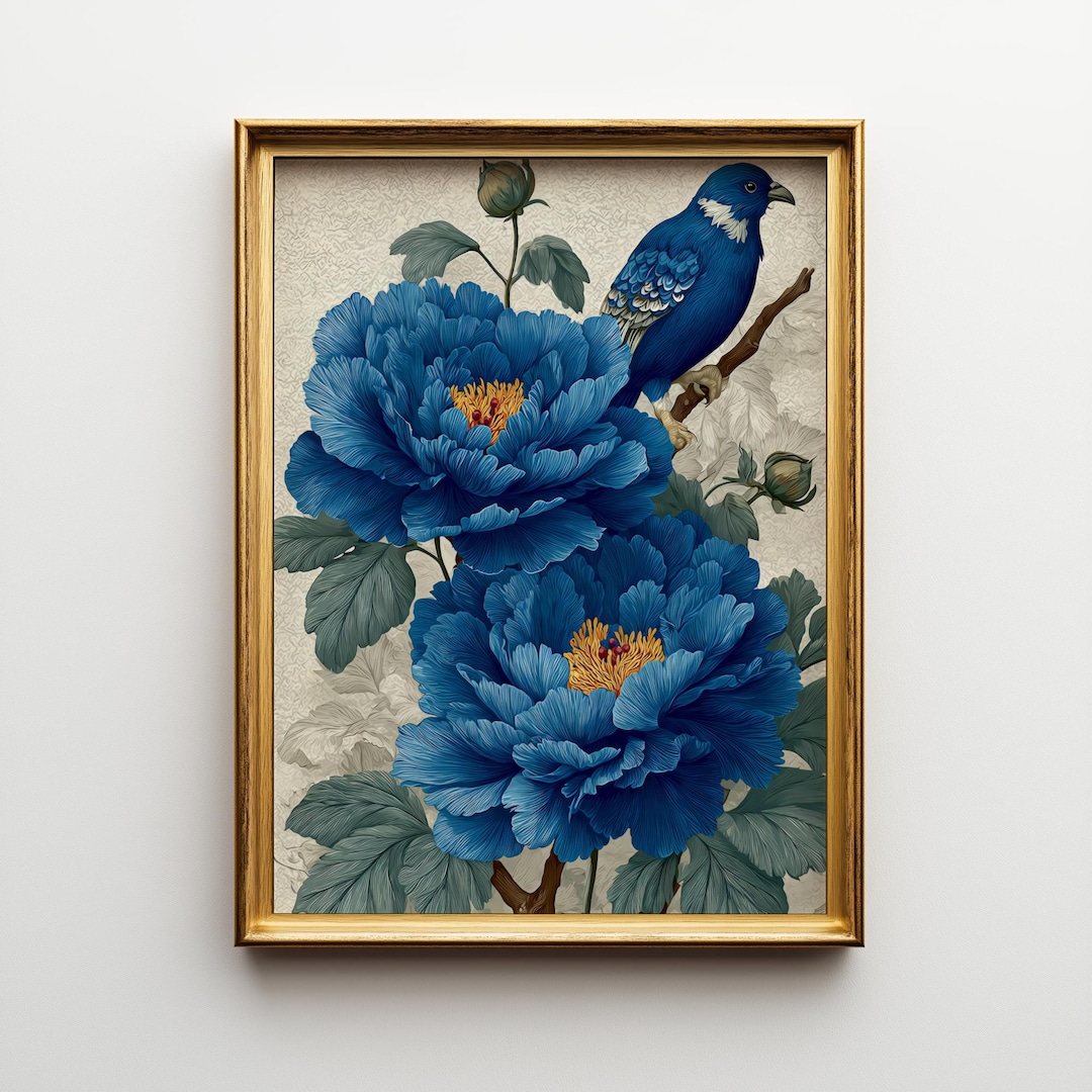 Blue Chinoiserie Wall Art – Vintage Botanical Bird Print, Oriental ...